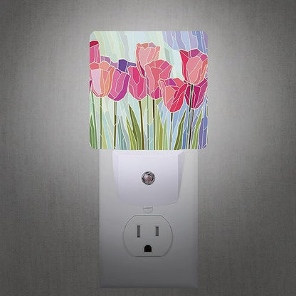 Smoaffly Pink Tulip Flowers Night Light Plug-in LED Nightlights Auto Sensor Night Lamp Dusk-to-Dawn Lamp Home Decor for Nursery Children Girls Boys