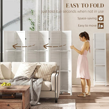 HOMCOM Room Divider, 6 Panel 67" Tall Wood Privacy Screen with 3 Display Shelves, and Folding Storage for Bedroom or Home Office, White