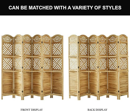 Svimi Room Divider with Shelves, 68.9inch Wood Carved and Louvered Wall Divider Freestanding, 6 Panels Folding Partition Screen for Bedroom Home Office (Natural)