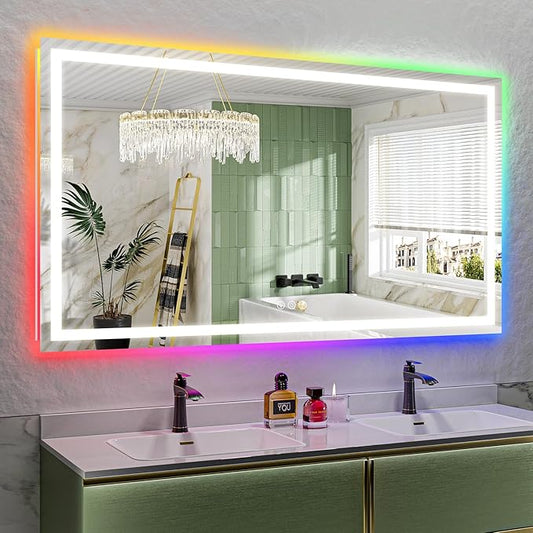 YEELAIT 72x40 Inch RGB LED Bathroom Mirror Front Light and RGB Backlit Lighted Vanity Mirror for Bathroom Wall Mounted Dimmable Anti Fog Memory Shatter-Proof IP54 Waterproof Horizontal/Vertical