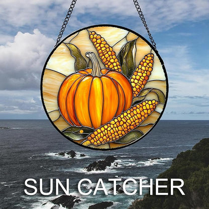 DASTOLL Stained Glass Window Hanging Autumn Harvest Pumpkin Corn 9.8" - Suncatcher Door Garden Kitchen Sunroom Sun Catcher Fall Home Decor Birthday for Mom Grandma Men Woman