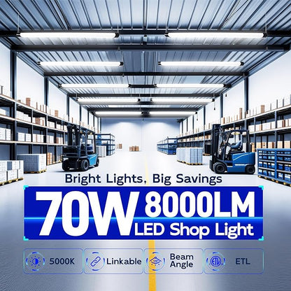 hykolity 4FT 70W LED Shop Light Linkable, 8000lm(300w Equivalent), 5000K Utility Shop Lights for Garages, Workshops, Basements, Hanging or FlushMount, with Power Cord and Pull Chain, ETL, Black,1 Pack
