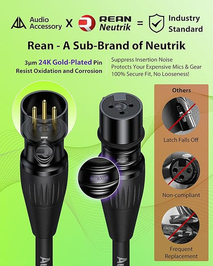 XLR Cables 300ft 1 Pack, Professional Gold-Plated Rean Connectors from Neutrik, Kevlar-Reinforced Nylon Braided Microphone Cable, Mic Cable, Durable Shielded and Balanced XLR Male to Female Cord