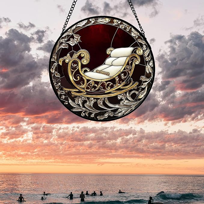 AMDERVEN Stained Glass Window Hanging 4 Pcs Set Christmas Golden Bell Sleigh 7.8" - Suncatcher Door Garden Sun Catcher Decor Birthday Mother's Day Xmas Gifts for Mom Woman Nana Men Parents