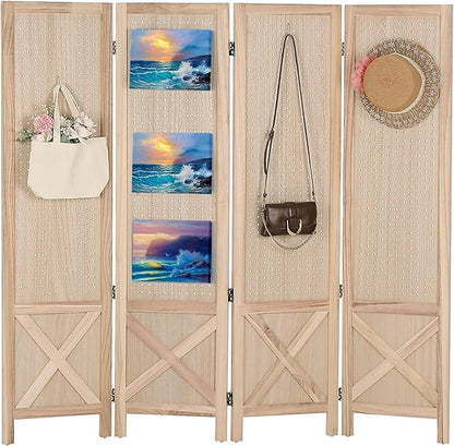 Wnutrees 4 Panel Pegboard Display, 5 Ft Wood Folding Privacy Screens Room Divider, Portable Freestanding Display Board for Craft/Art Shows, Retail, Events, Wall Organizer, Rustic Barnwood, Natural