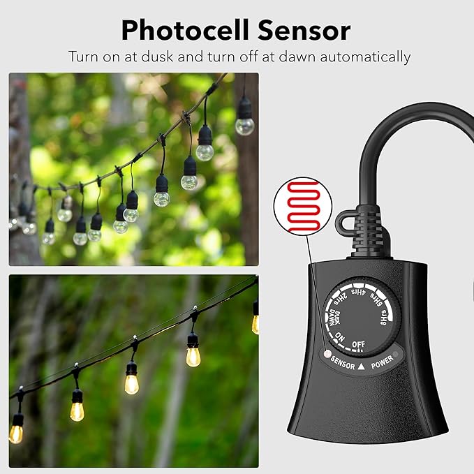 HBN Outdoor Light Timer Waterproof, Weatherproof Photocell Dusk to Dawn Light Sensor, 2/4/6/8 Countdown Timer, 2 Grounded Outlet for Christmas Lights，Hallowen Deceration，1875W 15A 1/2HP