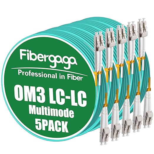 Fibergaga-5Pack 4M(13ft) OM3 LC to LC Fiber Patch Cable, Multimode 50/125µm 10G/40G, OD-2.0mm Fiber Optic Cable Duplex LSZH Fiber Jumper