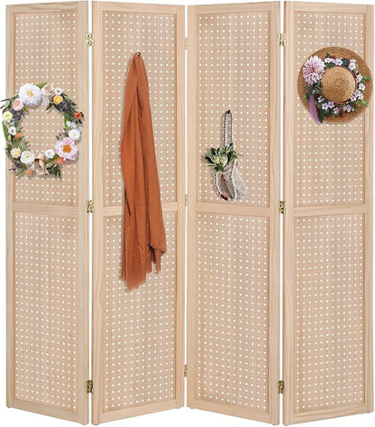 Bonnlo 4 Panel Pegboard Freestanding, 5 FT Portable Display Board Organizer for Craft Show Jewelry, Wooden Folding Privacy Screen Room Divider (Without Base, Natural)