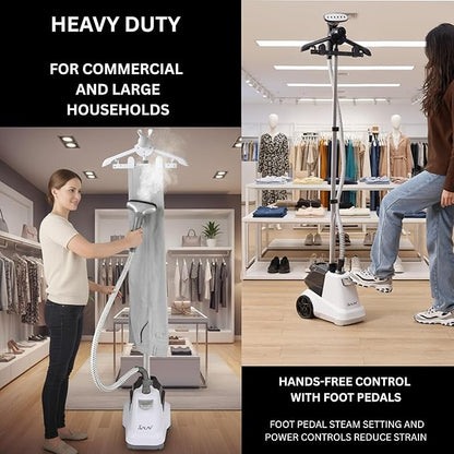 SALAV® Heavy Duty Smart Auto Shut-off Commercial Full-Size Garment Steamer, Beeping Alert when Water Runs out, Foot Pedal Control, XL 3L (101.5 oz) Tank, 1800 watts, 90+min of Continuous Steam, White