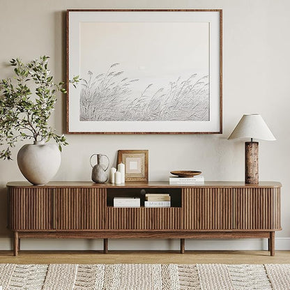 CHUWELL 86.6'' Fluted TV Stand for 75/80/85 Inch TVs, Mid Century Modern Entertainment Center with Large Storage Space & Open Shelves, Walnut TV Console with Sliding Doors for Living Room, Bedroom