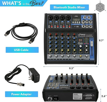 Pyle Professional 6 Channel Audio Mixer with Bluetooth - DJ Sound Board - USB Computer Input - Built-in MP3 Player - 48V Phantom Power - 3 Band EQ - 16-Bit DSP FX - Band, Studio Ready - PMXU63BT