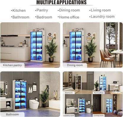 Dystler Display Cabinet with Doors and Adjustable Shelves, 65" Tall Bookcase with LED Lights/Human Sensor, 5 Tier Display Case for Collectibles Bedroom Living Room Office, White