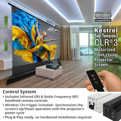 Elite Screens Kestrel Tab-Tension 2 CLR3, 121" 16:9, Ultra-Short Throw Ceiling Ambient Light Rejecting (CLR/ALR) Electric Floor-Rising Motorized Front Projector Screen, Black Casing, FTE121UH3-CLR3