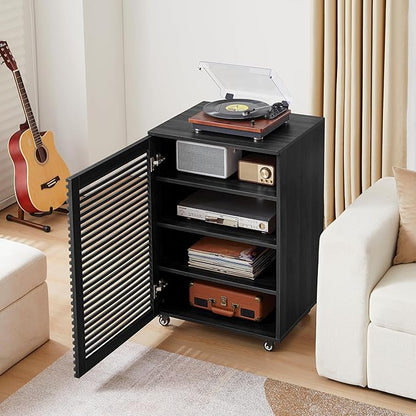 LEVNARY 5-Tier AV Media Cabinet with Grille Door, Modern Wooden Stereo Rack with Adjustable Shelves & Wheels, Audio Video Cabinet for Living Gaming Room Recording Studio (Black)