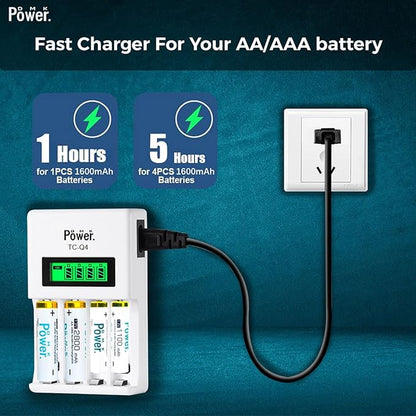 DMK POWER Rechargeable High Capacity Batteries 1.2V NiMH Low Self Discharge (AA White 2800MAH (4 Pieces) and TC-Q4 Charger)