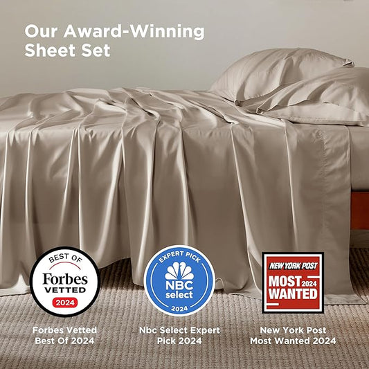 Bedsure Queen Sheet Set, Rayon Derived from Bamboo, Cooling Sheets, Breathable & Soft, Deep Pocket Up to 16 Inches, Hotel Luxury Silky Bedding for Hot Sleepers, Simply Taupe