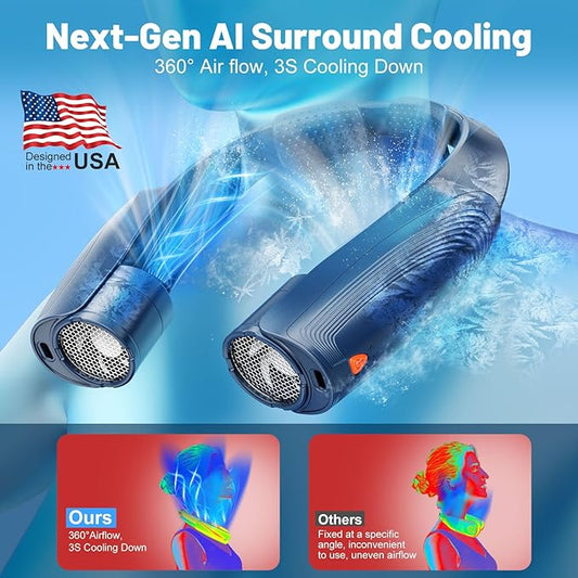 Slientspin AI Portable Neck Fan with 6 Powerful Speeds, 8000mAh Battery Operated USB-C Rechargeable Fan, Hands-Free 360° Cooling Neck Fan,Twistable,Ultra-Quiet Personal Fan Gift for Women Men(Blue)