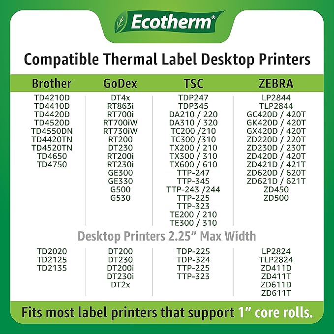 3" x 1" Thermal Labels | 6 Rolls | 15000 Labels | fits Zebra, Munbyn, Rollo, Godex, Arkscan, iDPRT, Offnova Thermal Label Printers and More | Blank White Adhesive Stickers by Ecotherm