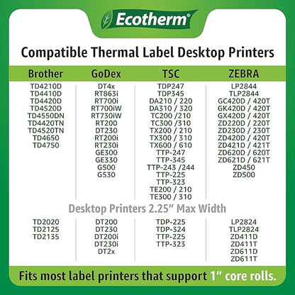 2.25" x 2.5" Thermal Labels | 6 Rolls | 6000 Labels | fits Zebra, Munbyn, Rollo, Godex, Arkscan, iDPRT, Offnova Thermal Label Printers and More | Blank White Adhesive Stickers by Ecotherm