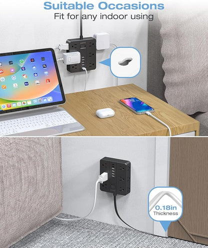 AOFO 20FT Surge Protector Power Strip,12 AC Outlets with 6 USB Ports (2 USB-C), Flat Plug Extension Cord with Multiple Outlets, Wall Mount for Home Office,Dorm,Black