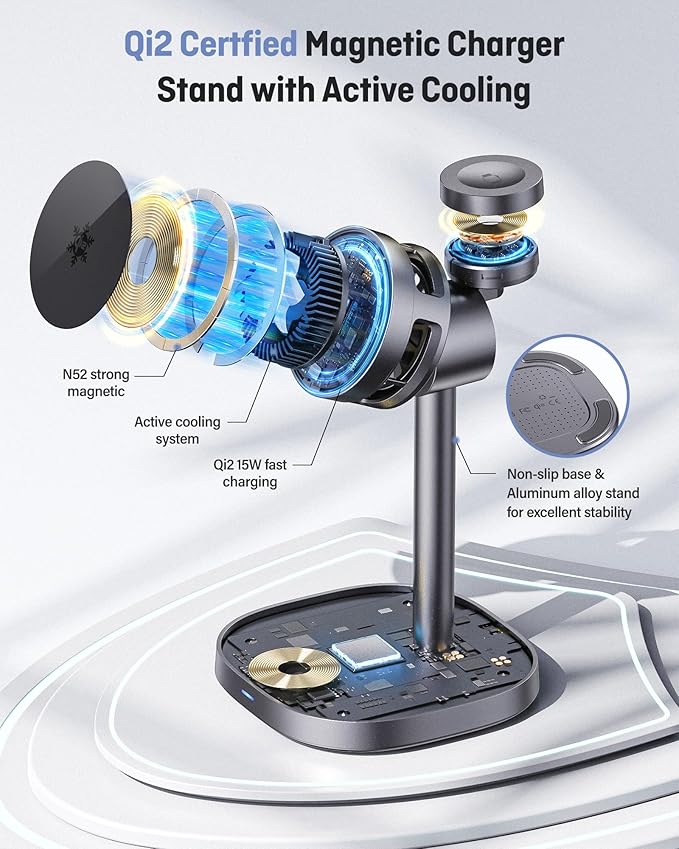 2025 New Magnetic Wireless Charger with Active Cooling, 15W Qi2 Fast 3 in 1 Charging Station for Apple Charger Stand, Wireless Charger for iPhone16/15/14/13/12 Series, Apple Watch, AirPods