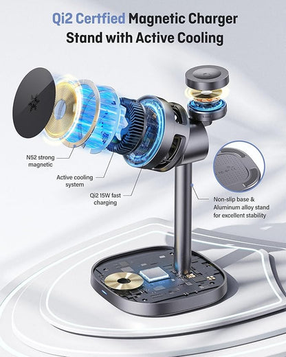 2025 New Magnetic Wireless Charger with Active Cooling, 15W Qi2 Fast 3 in 1 Charging Station for Apple Charger Stand, Wireless Charger for iPhone16/15/14/13/12 Series, Apple Watch, AirPods