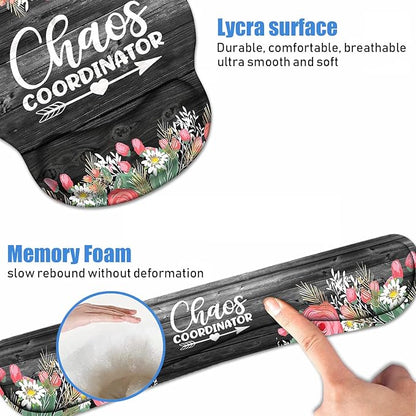 Keyboard Wrist Rest + Mouse Pad Wrist Support Set with Coasters, Chaos Coordinator Quotes Colored Floral Wreath Print Wrist Mouse Pad with Non-Slip PU Base for Home Office Working Studying