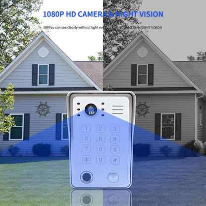 Wired Video Door Phone Kit Apartment Intercom System,10 Inch Touch Screen Monitor(Silver)with 1080P HD Doorbell Camera,Supporting Motion Detecting 5 in 1 Unlcking (1 Doorbell + 3 Monitor)