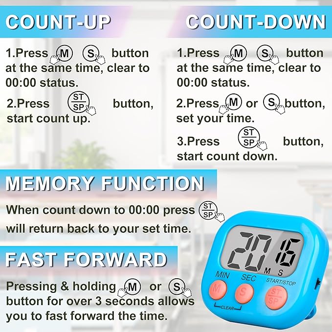 ZILLEEN Classroom Timer for Kids Teachers 6 Pack Digital Timers, Blue & White