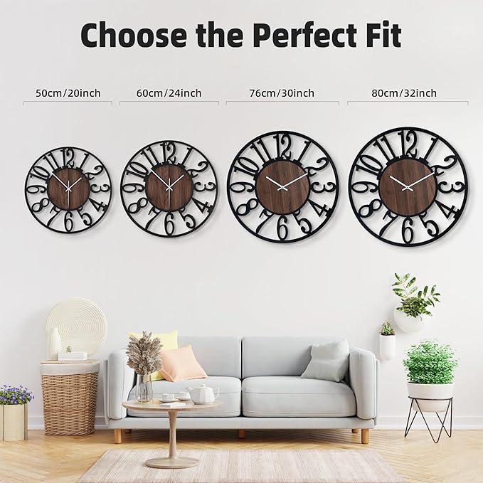 Casaformia 32'' Large Silent Wall Clock with Night Light, Glow in The Dark Decorative Wall Clock Battery Operated, Rustic Modern Metal & Wood Clocks for Bedroom Living Room Decor, Arabic Numerals