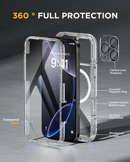 Miracase Magnetic for iPhone 16 Pro Case Full-Body Phone with Built-in Glass Screen Protector, [Compatible with MagSafe] Military Drop Proof 16 Pro Cover Bumper 6.3 inch, Clear Glitter