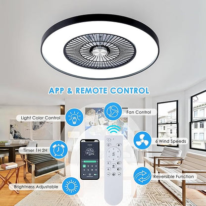 HUMHOLD 24" Bladeless Ceiling Fans with Lights and Remote/APP Control, Low Profile Ceiling Fan with 3-Dimmable Lights, Enclosed Flush Mount Ceiling Fan for Kid's Bedroom/Living Room