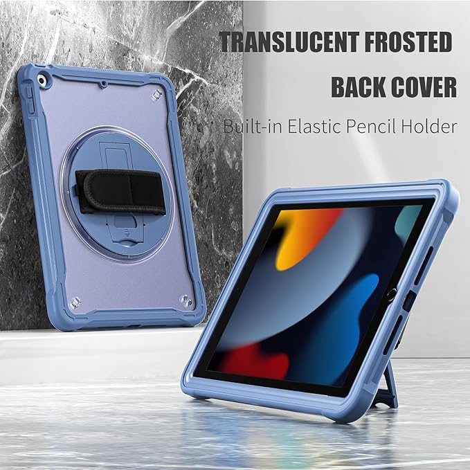 ZenRich Clear Case for iPad 9th/8th/7th Generation 10.2 inch 2021/2020/2019, Shockproof Slim Hard Case with Pencil Holder/360°Rotating Kickstand/Handle/Carrying Strap, LavenderGrey