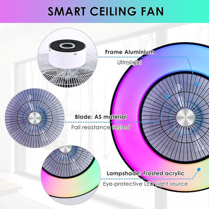 HUMHOLD 24" Bladeless Ceiling Fans with Lights and Remote/APP/Voice Control, Low Profile Ceiling Fan with RGB Lights, Enclosed Flush Mount Ceiling Fan for Kid's Bedroom/Living Room