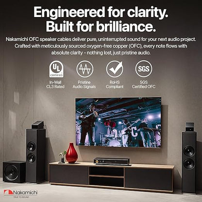 Nakamichi 14/2 (100-Foot) in-Wall & Direct Burial (UL CL2 CL3 Rated) Oxygen-Free Copper (OFC) 2-Conductor Speaker Cable Wire, Outdoor In-Ground, in-Ceiling, Riser, Black (14AWG / 100ft / 30.48m)