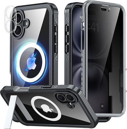 360° Protection Magnetic for iPhone 16 Case Built-in 9H Privacy Screen Protector & Metal Stand[Fit for Magsafe][Anti-Spy][Lens Protector] Heavy Duty Shockproof Phone Case for iPhone 16(Black)