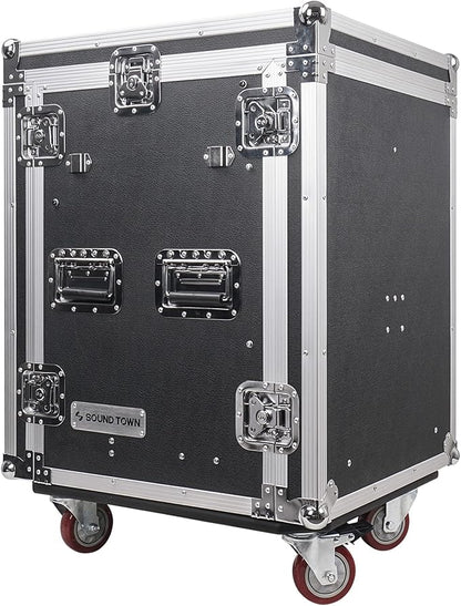 Sound Town 14U PA DJ Pro Audio Rack/Road ATA Case with 2U Drawer, 11U Slant Mixer Top, Two DJ Work Tables, Casters, Pro Tour Grade (MR-DR14UT2)
