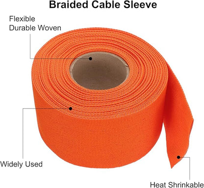 MECCANIXITY Braided Cable Sleeves Heat Shrinkable Fabric Sleeving, 2" 40ft Orange 2:1 Ratio Heat Shrinkable Cord Protector for Harness Cable, Network Cable Protection, Cable Management