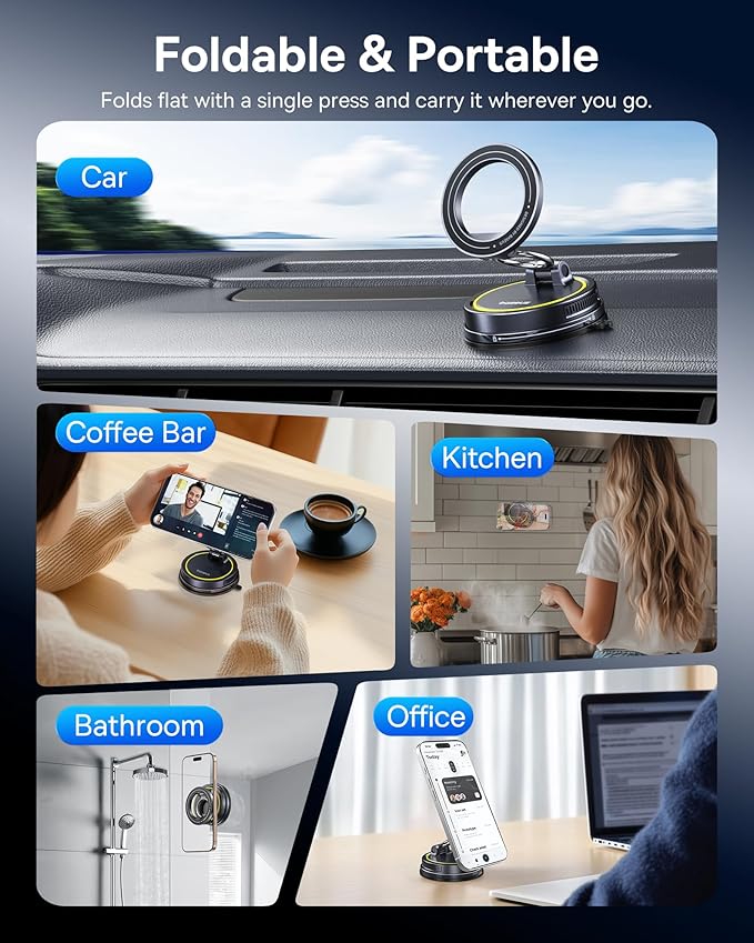 Baseus for Magsafe Car Mount, Vacuum 119LBS Magnetic Suction Cup Phone Holder for Car, 720° Adjustable Foldable Cell Phone Holder with Reusable Washable Gel for Car & for iPhone 16 15 14 13 Pro Max
