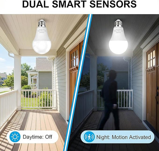 TSEXES Motion Sensor Light Bulbs, 12W (100Watt Equivalent), Motion Activated Dusk to Dawn Security LED Bulb, 3000K Soft White for Outdoor & Indoor,Porch, Stairs, Hallway, 4-Pack