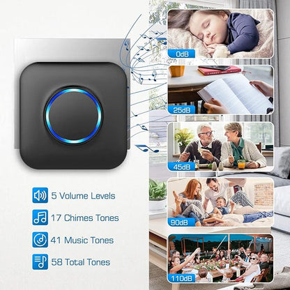 Door Chime Bistee Wireless Door Chimes When Door Open Entry Alarm 600FT Range with 58 Chimes 5 Volume Levels LED Indicator for Business/Home/Office/Stores (2 Plug-in Receiver & 3 Door Sensor)