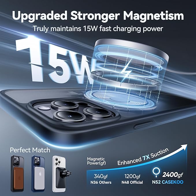 CASEKOO Designed for iPhone 15 Pro Max Case with Magnetic Invisible Stand [Military Drop Protection] [Compatible with MagSafe] Shockproof Slim Translucent Matte Promax Case 6.7 Inch, Black