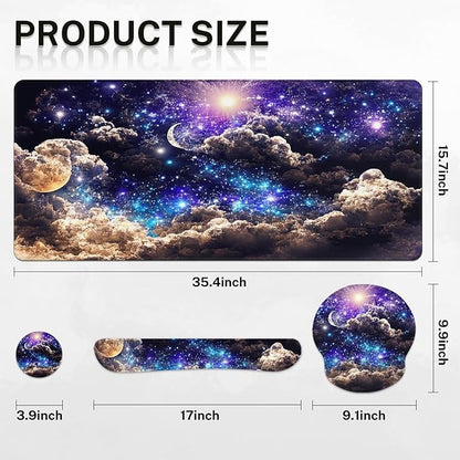Britimes Moon Space Night Keyboard Mouse Pad Set Blue Cute Cloud 4in1 Large Mousepad+Keyboard Wrist Rest+Mouse Wrist Rest+Coaster Ergonomic Design for Home Office Computer 35.4x15.7 inches