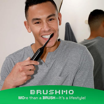 Brushmo Super Sonic Electric Toothbrush with 4 Replacement Heads - Rechargeable Electronic Tooth Brush for Adults with 5 Customizable Modes - IPX7 Waterproof & Long-Lasting Battery - Black