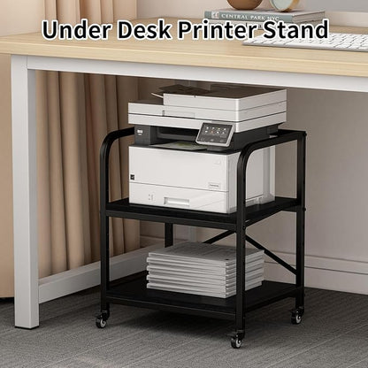 Vokumba 2 Tier Large Printer Stand, 20 x 20 Inches Printer Table with Storage Shelf, Rolling Printer Cart with Wheels for Home Office, Scanner Fax (Black)