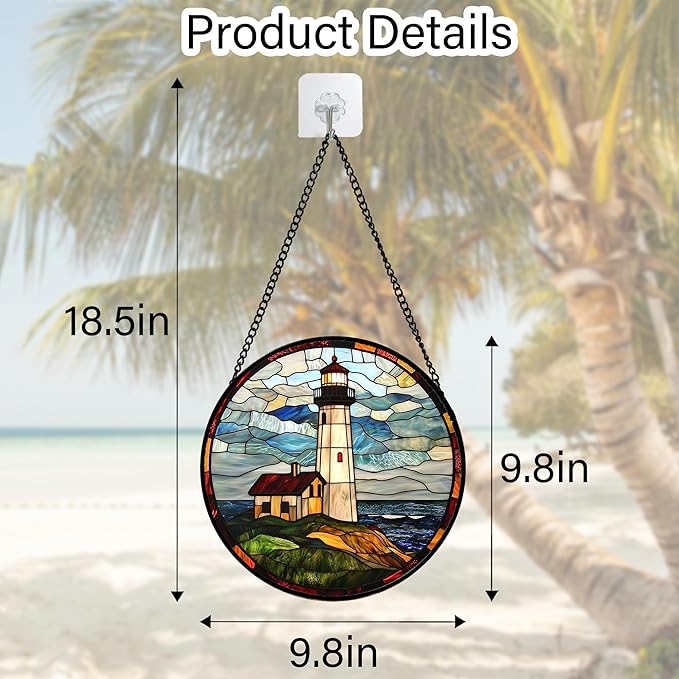 DASTOLL Stained Glass Window Hanging, Ocean Lighthouse Sun Catchers Glass Panel Blue Green Suncatcher Decor for Birthday for Women, Men, Wife, Aunt, and Mom 9.8 in