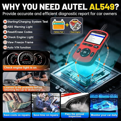 Autel OBD2 Scanner AutoLink AL549(Upgraded Ver. of AL519)Code Reader with AutoVin, Read/Erase DTCs for ABS, Universal Car Battery Test,OBDII Scan with Live Data,Check Engine Fault OBD2 Diagnostic Tool