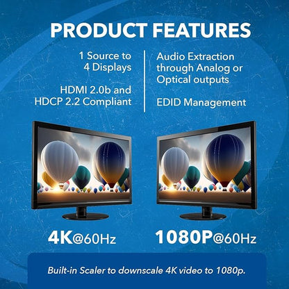 OREI 1x4 2.0 HDMI Splitter with Scaler Audio Extractor 4 Ports with Full Ultra HDCP 2.4K at 60Hz & 3D Supports EDID Control - UHDS-104A