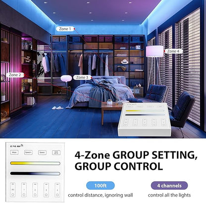 XXK WR02RF RF Panel Remoter, 4-Zone 2.4G Wall Mounted RF Remote Control Compatible with CCT LED Controller, 99ft Wireless Control 4 Channel Group Control for Home CCT LED Strip Lights