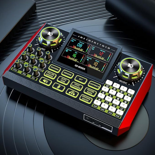 Audio Mixer, Sound Board for Pc/Phone Live Streaming Singing Gaming, Sound Mixer for 3.5/6.35mm Dynamic Microphone, Live Sound Card with DJ Mixer Effects & Voice Changer, Denoise, One Click Mute